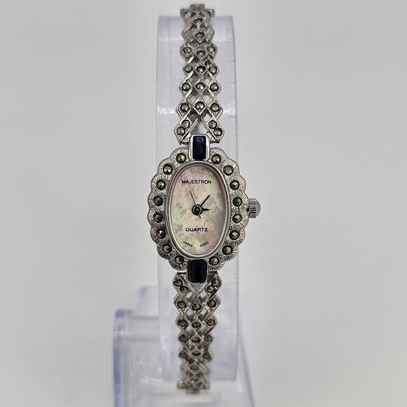 VTG Majestron Watch‎ Women 18mm Marcasite MOP Oval Dial 7\